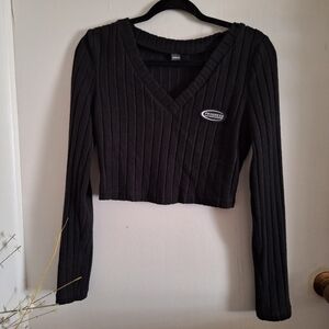 Black Ribbed Long Sleeve Crop Top